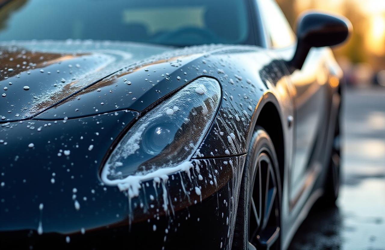 Luxury car undergoing premium washing service